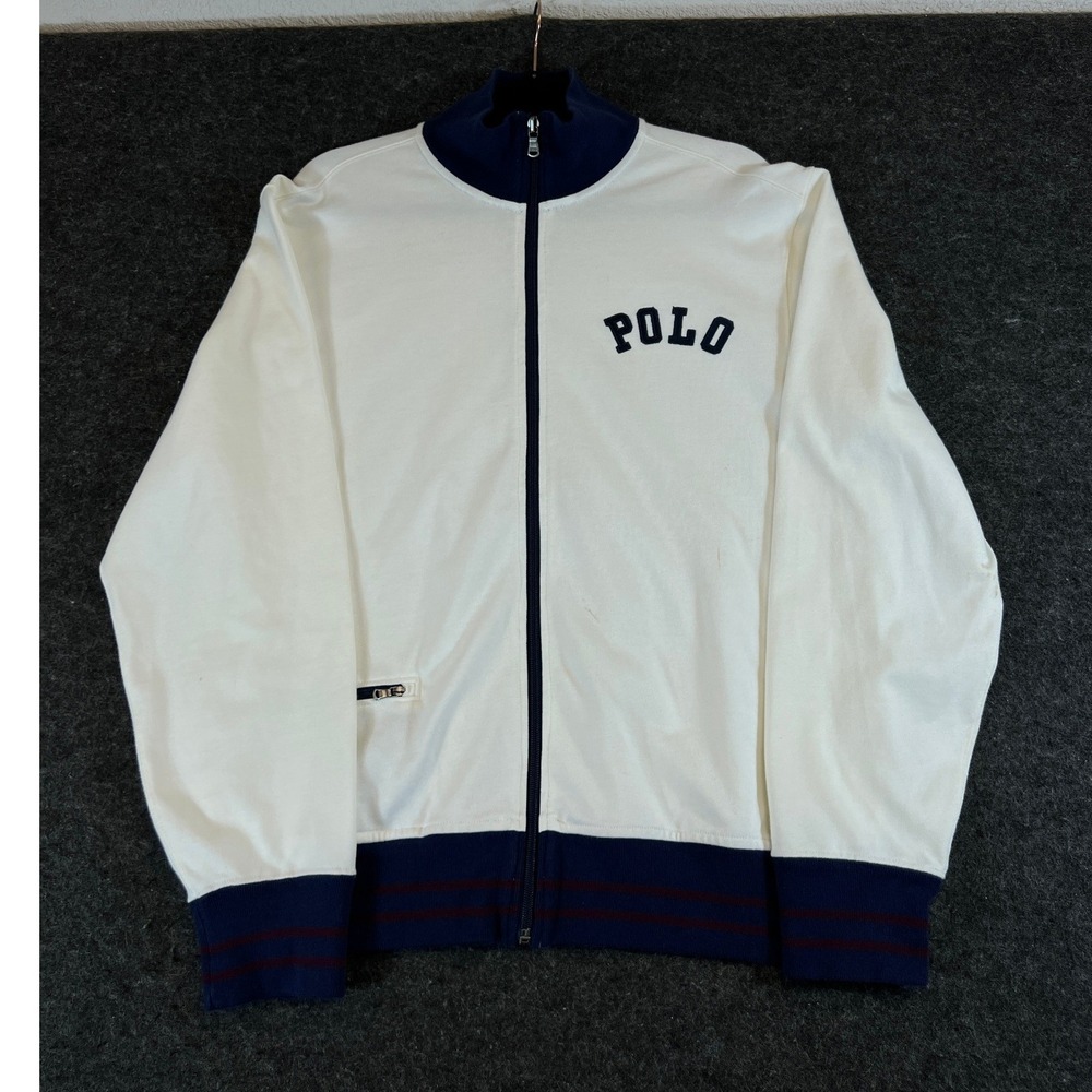 Vintage 90s Polo Ralph Lauren Track Jacket Mens Medium Cream Navy Full Zip Logo